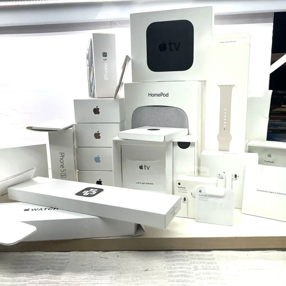 Lot of Apple BOXES ONLY: 6 iPhones, 4 Watches, TV, 2 AirPods, Charger, Home Pod